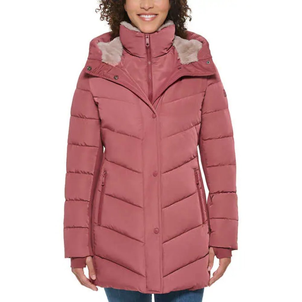 NWT Andrew Marc Women's Faux Fur Hooded Walker Jacket Rose Size M $180 7D060